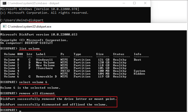 diskpart successfully remove the usb drive