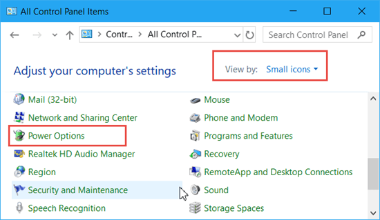 power options in control panel