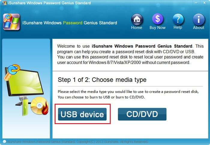 use isunshare software to create a usb password reset disk