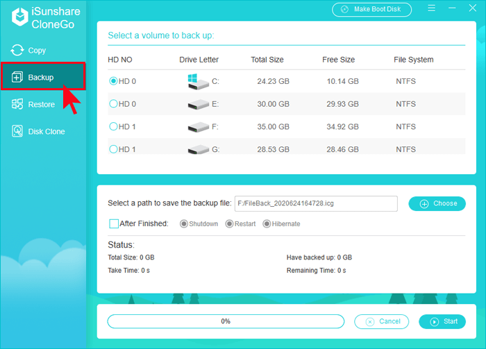 choose Backup function in CloneGo