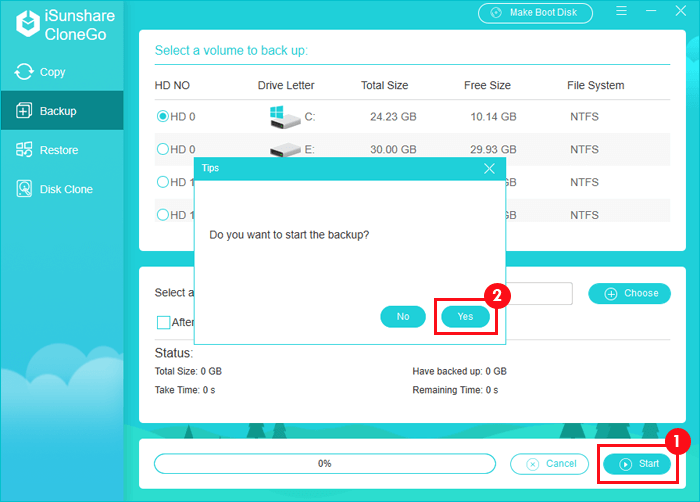 start disk partition backup process