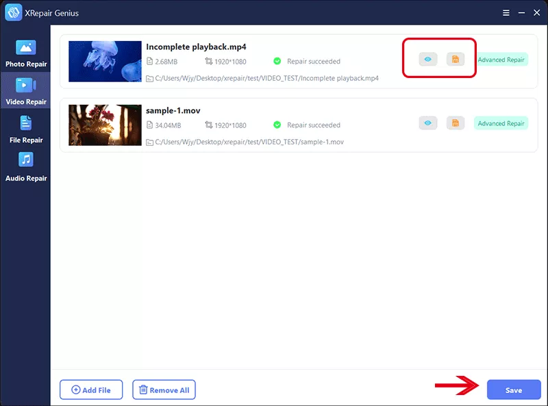 preview or save reapired video