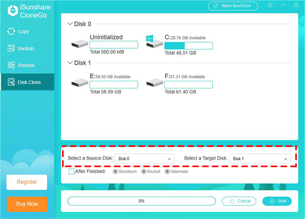 select the source disk and target disk