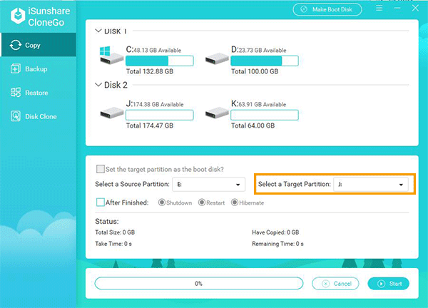 select another partition as target partition