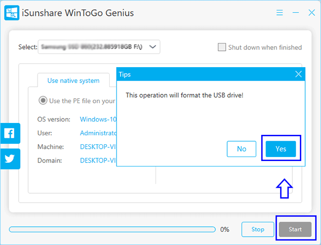 hit Start and confirm formatting USB