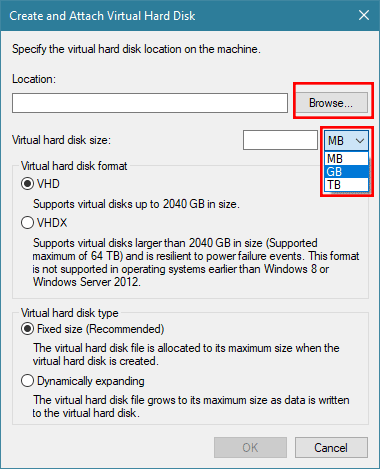 create and attach virtual hard disk