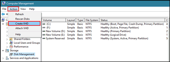 create vhd on computer management