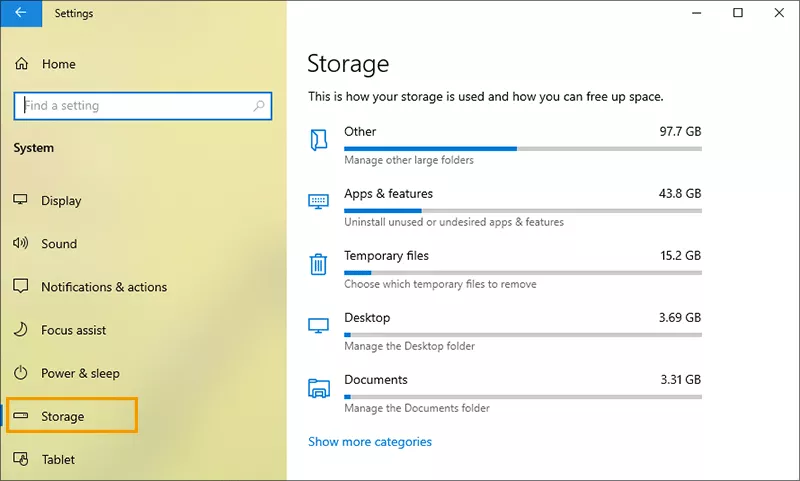 find large files in storage settings