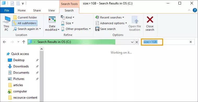 search large files via file explorer