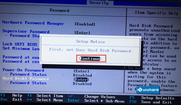 continue to set user hard disk password