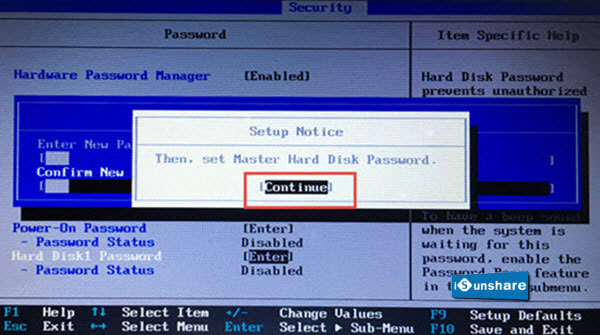 continue to setup master hard disk password