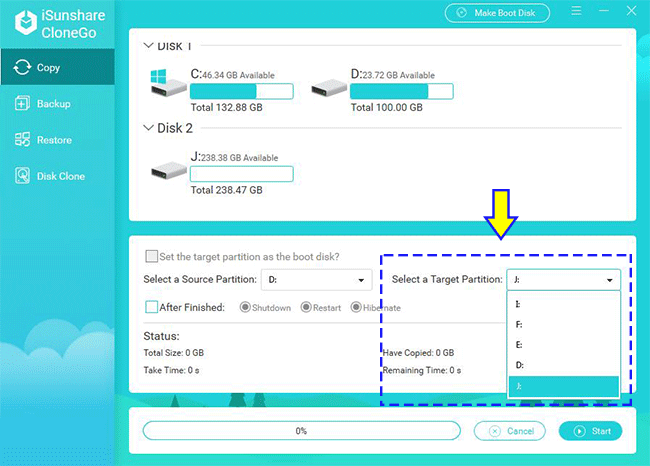 select another partition for data migratition