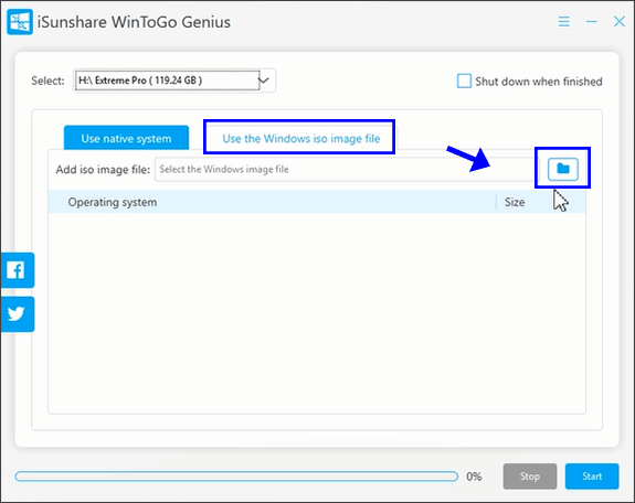 click ISO image option and add iSO image file