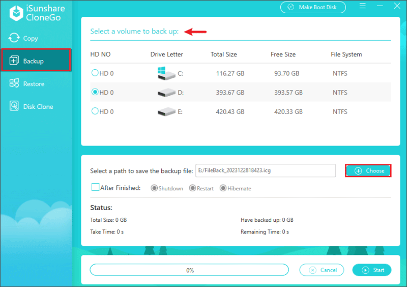 click backup option