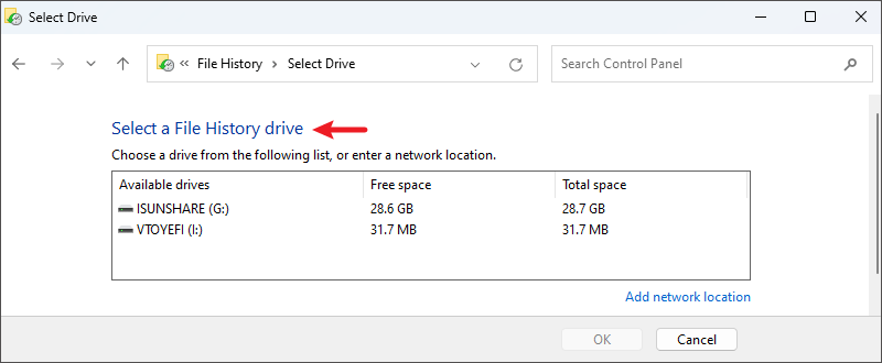 select a file history drive