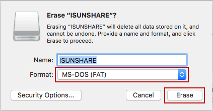 specify file system to erase usb