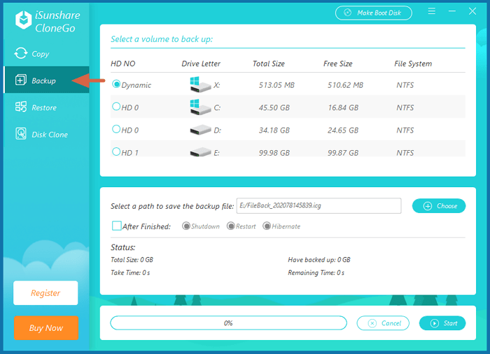 click Backup in CloneGo