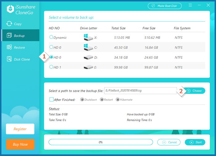 select files to backup and choose storage device