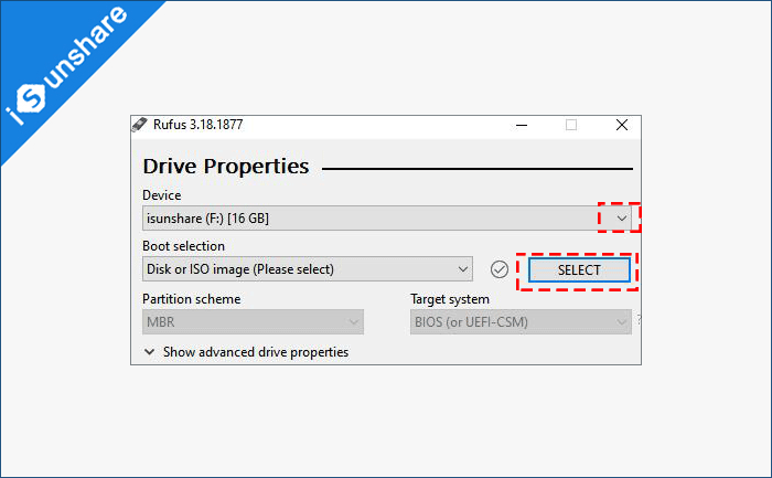 select USB device and select windows 10 iso