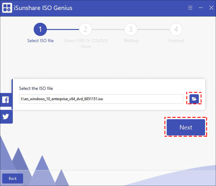 select the iso image file from files or folders and click Next