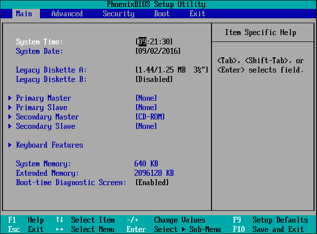 BIOS main menu