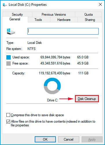 click the button of disk cleanup