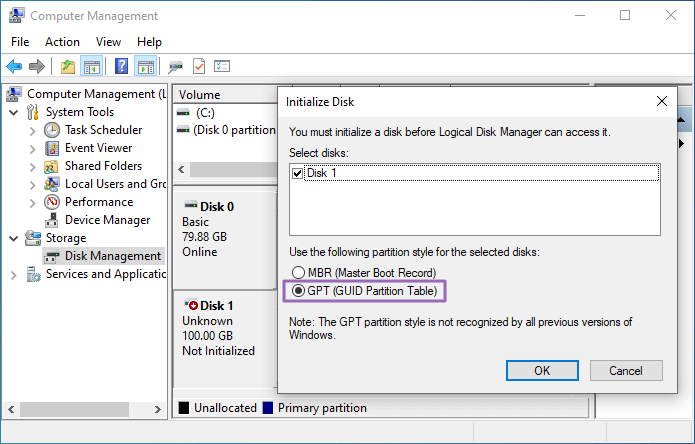 
initialisiere ssd mit gpt style