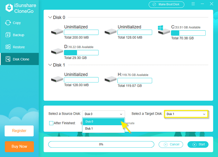 choose source disk and target disk