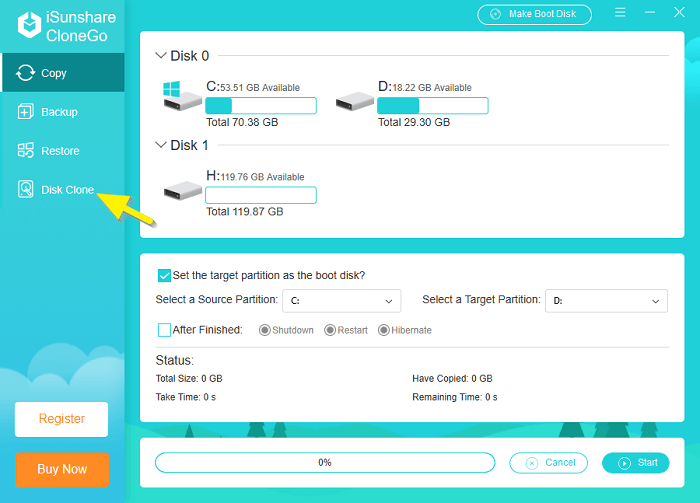 click disk clone option