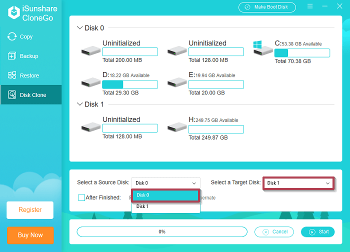 select source disk and target disk