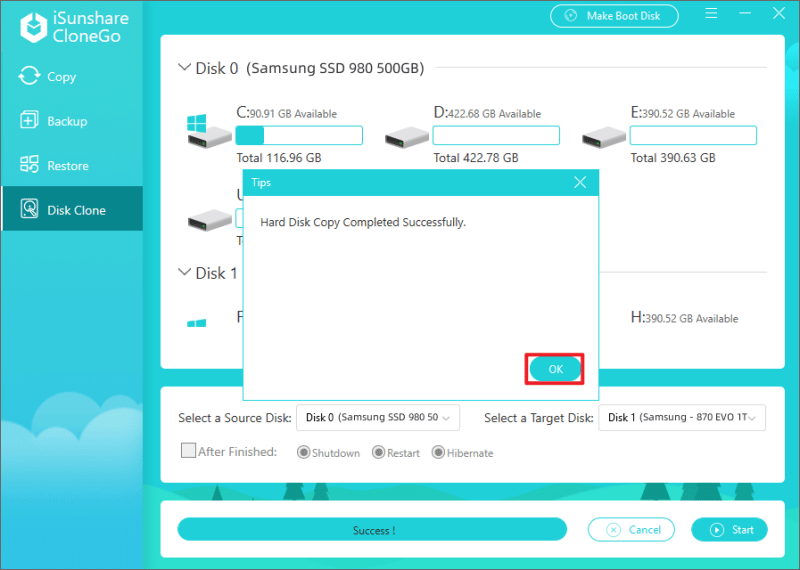 disk clone successfully