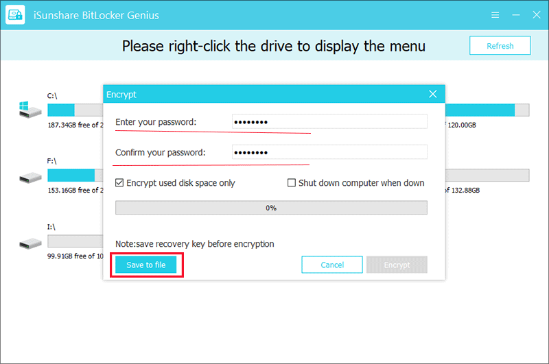 set password and save recovery key file