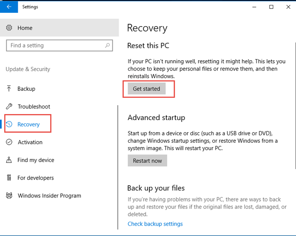 factory reset windows 10