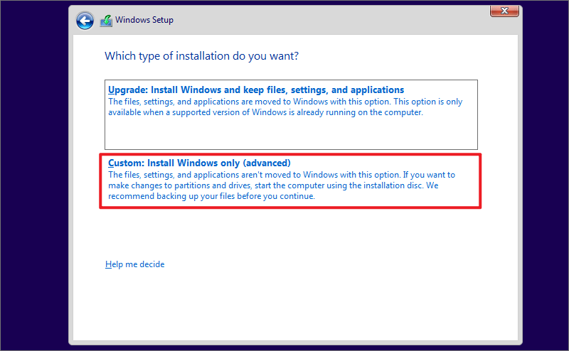 custom install windows only advanced