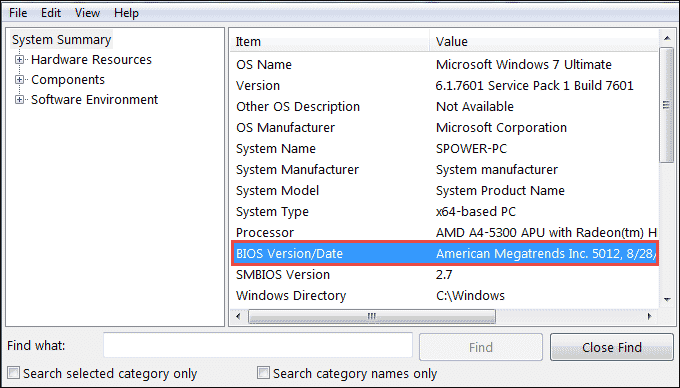 find bios version in system info