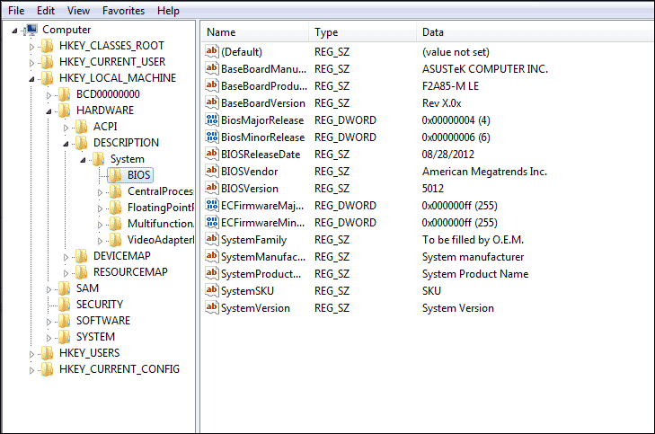  find bios version in regedit