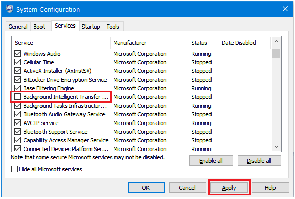 disable background intelligent transfer service