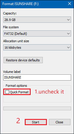 uncheck quick format