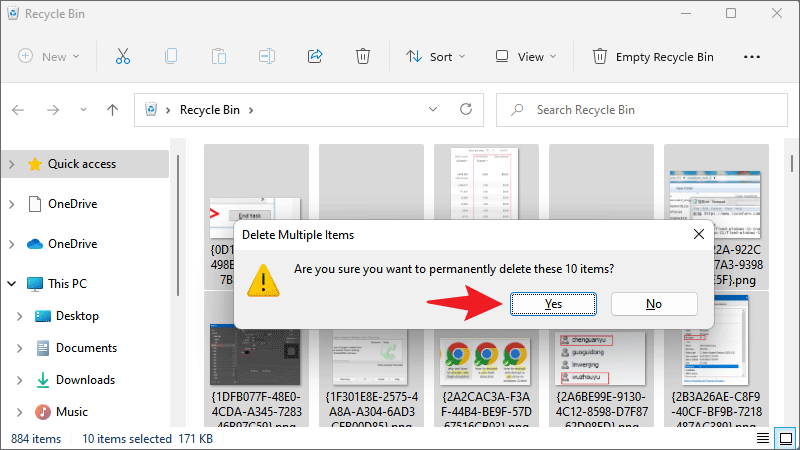 permanently delete items on recycle bin