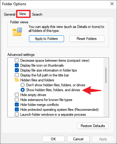 Show hidden items on windows