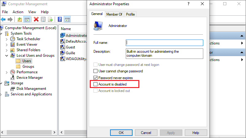 enable administrator account