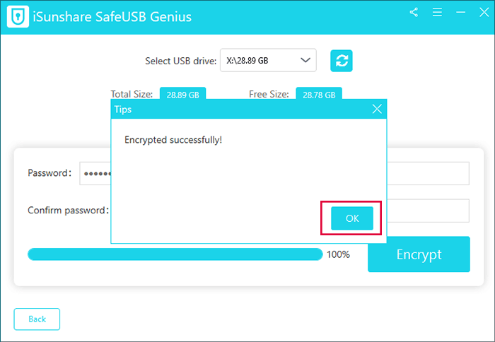 the USB drive is encrypted successfully