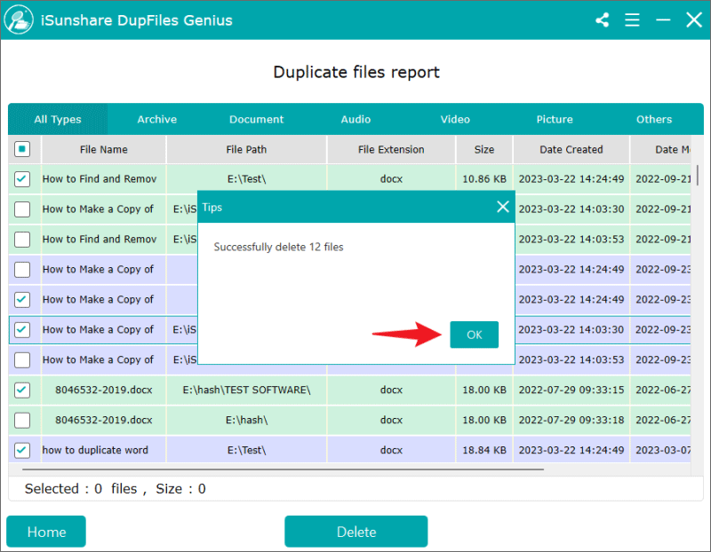 successfully delete duplicate files