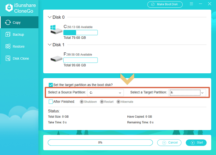 choisissez le système d'exploitation et la partition de stockage copiés