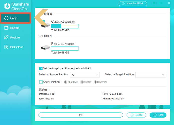 déplacer le système d'exploitation avec la fonction de copie