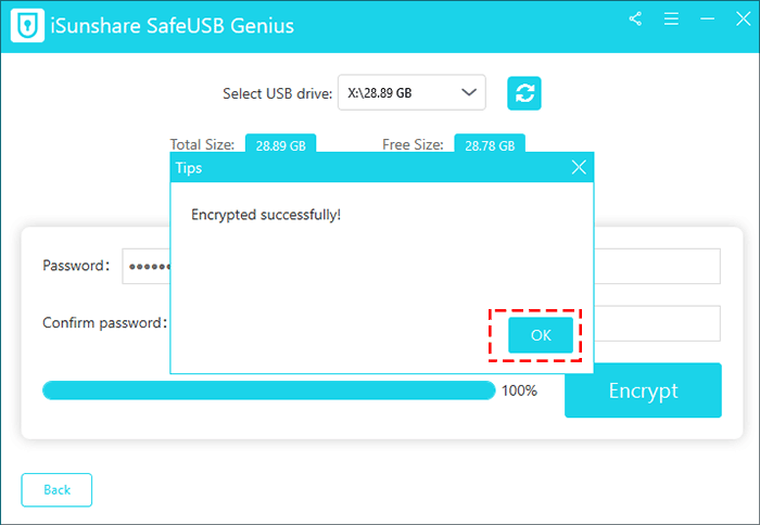 the USB drive is successfully encrypted