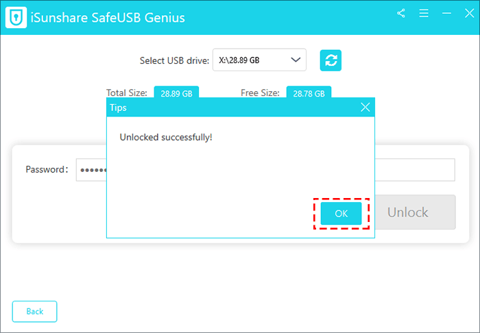 the USB drive is successfully unlocked