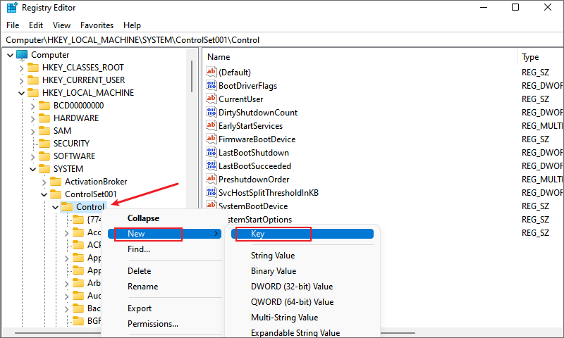 Right click to create new key