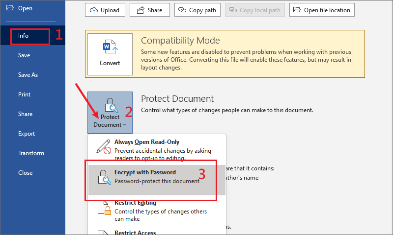 go to Info encrypt with password