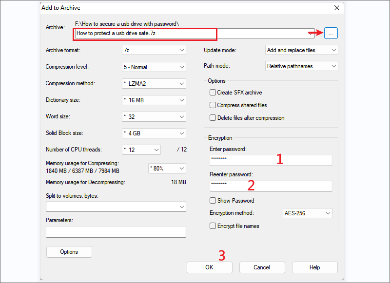 Setup 7 zip password